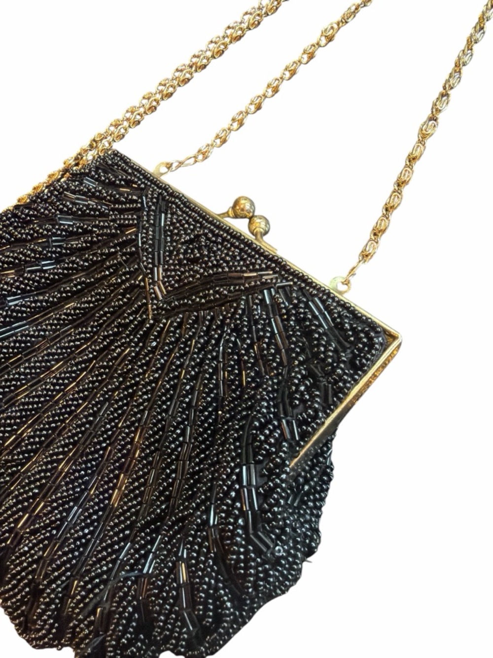 La Regale LTD Vintage Black Beaded Evening Bag Clutch Gold Chain Art Deco - Picture 7 of 11